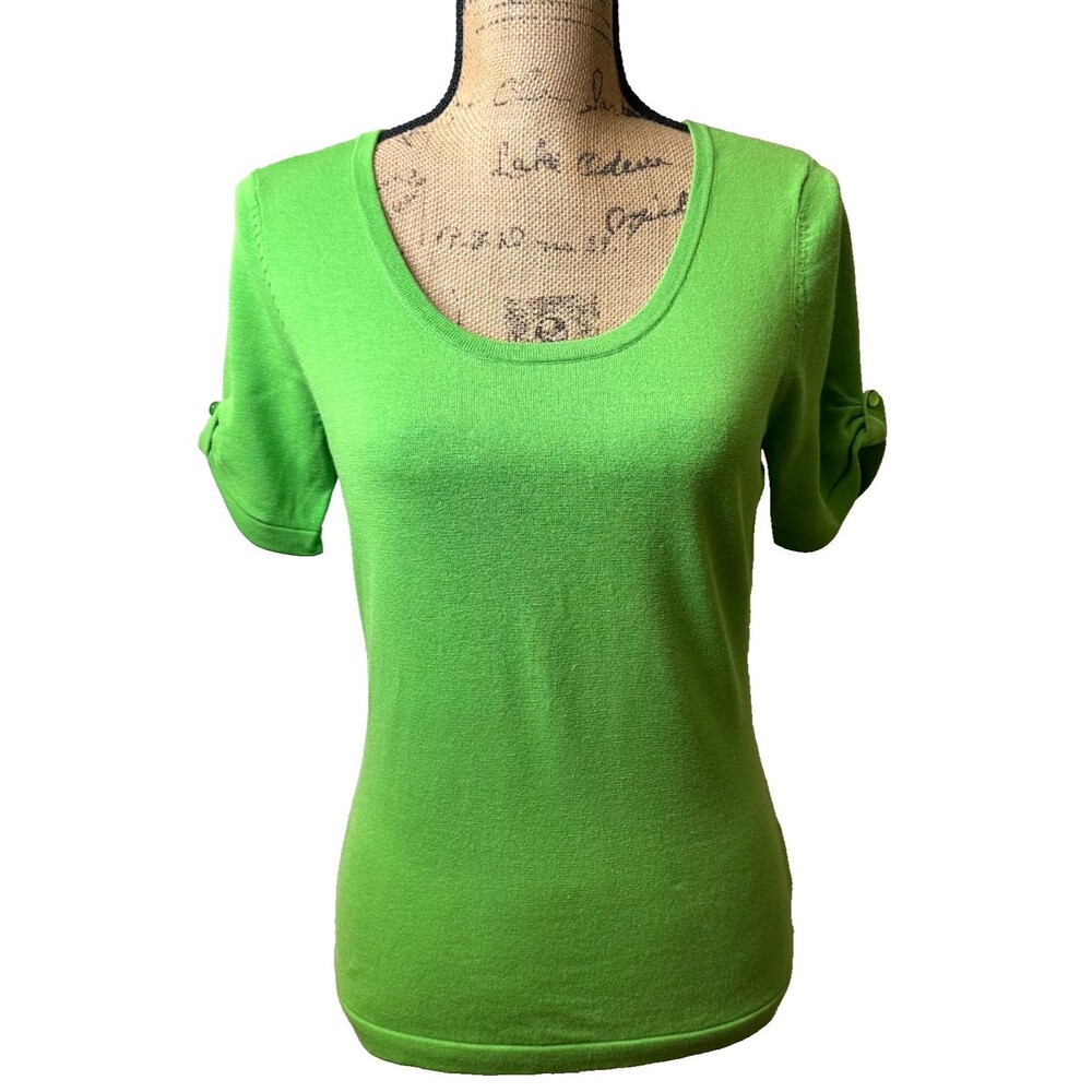 Carlisle Women Green Short Sleeve Button Tab Scoop Neck Knit Top Sweater Sz M